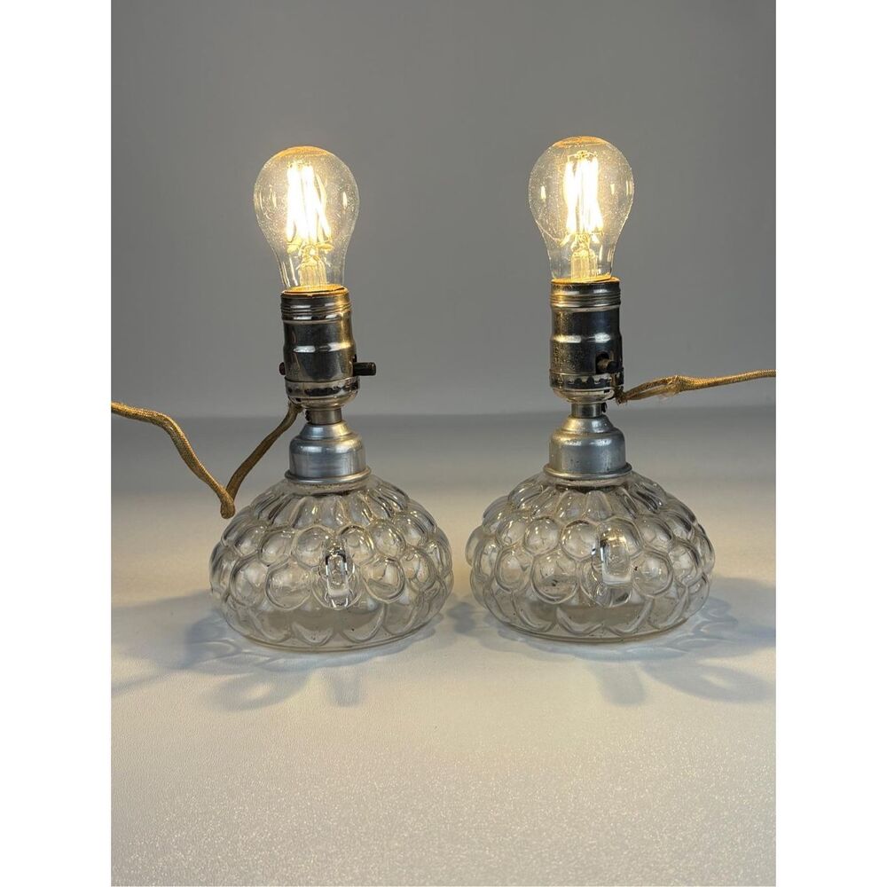 Antique Pair of Petite Clear Bubble/Coin Dot Pressed Glass Boudoir Lamps Art Dec